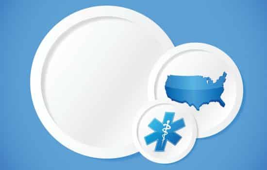 Healthcare background, in blue, with three white plates on top. Two plates have artwork, one with an outline of the United State and another for EMS services.