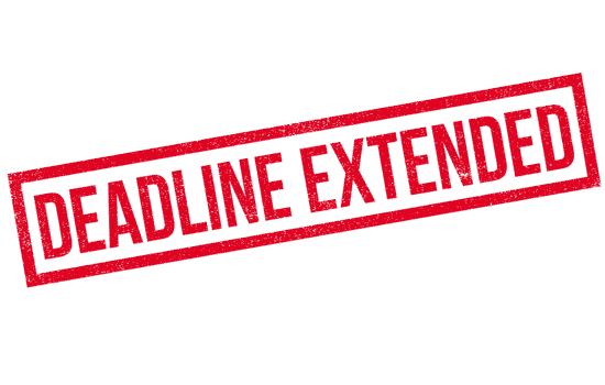 Deadline extended stamp pressed against a white background.