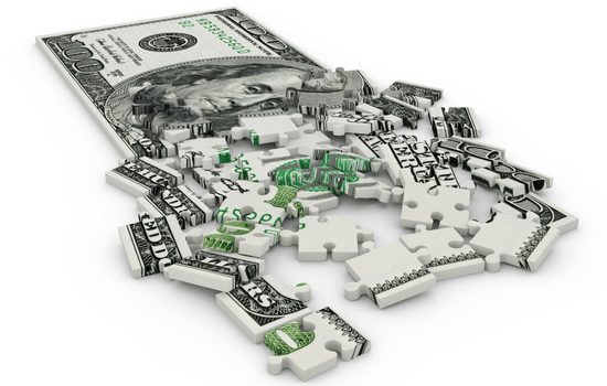 A one hundred dollar bill broken up like a puzzle into multiple pieces.