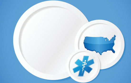 A healthcare image with white plates and blue outline of the United States continental map and ER logo.