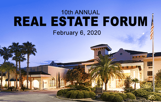 Picture of Best Western Gateway Hotel in Gainesville with words that say 10th Annual Real Estate Forum February sixth two thousand twenty
