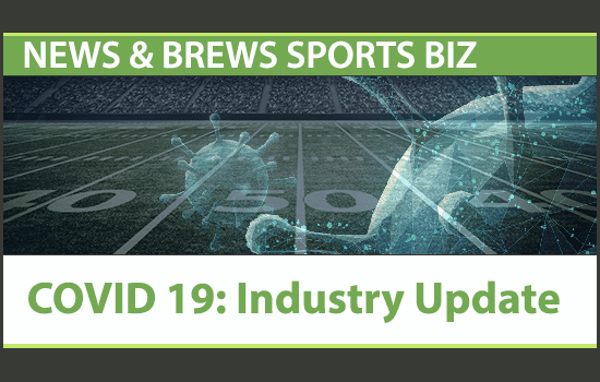 News and Brews graphic with a COVID virus overlaying a football field with the text 