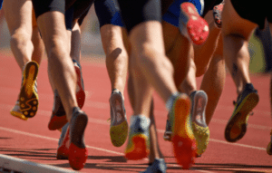 A group of runners running on a rubberized track.