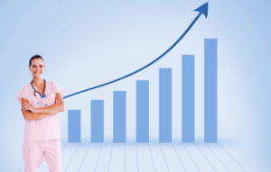 Practice Revenue graphic in an upward movement with a nurse with pink scrubs on.
