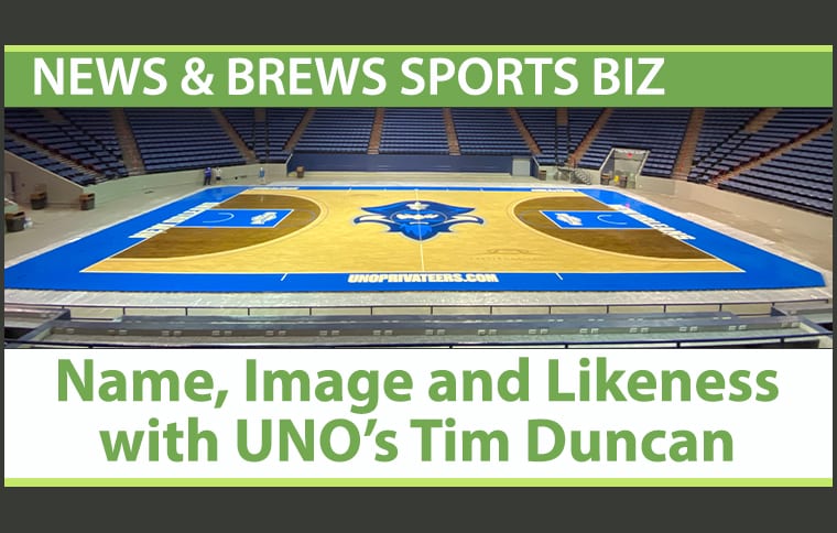 News & Brews Blog Graphic featuring the University of New Orleans basketball court with the text 