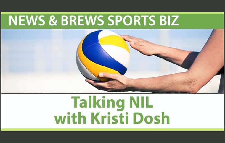 News & Brews Blog Graphic featuring a volleyball player about to serve the ball. The text 