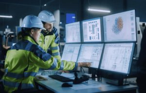 Two construction foremen analyzing data at 6 computer screens on a job site.