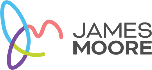 A multi-colored James Moore logo.