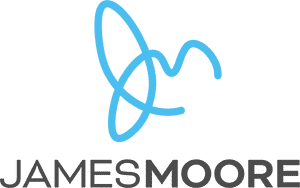 Blue and black combination of the James Moore logo.