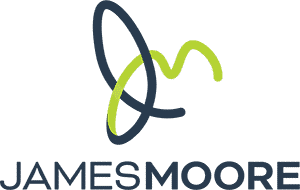 A stacked James Moore logo feature a half black, half lime green J and M on the top of the logo.