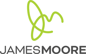 JamesMoore_Logo_RGB_VT_green Green and black James Moore logo stacked.