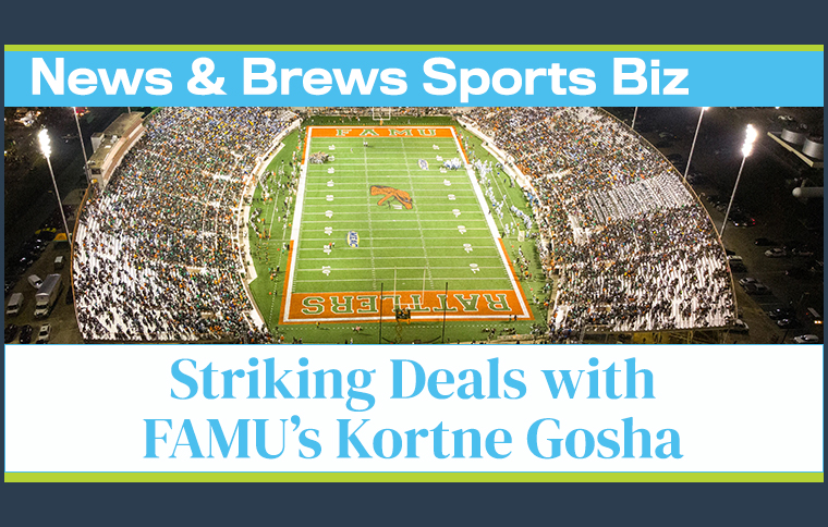 News and Brews ad featuring the FAMU football field with text reading 