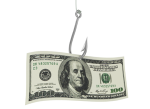 $100 bill on fish hook denoting conditional donations