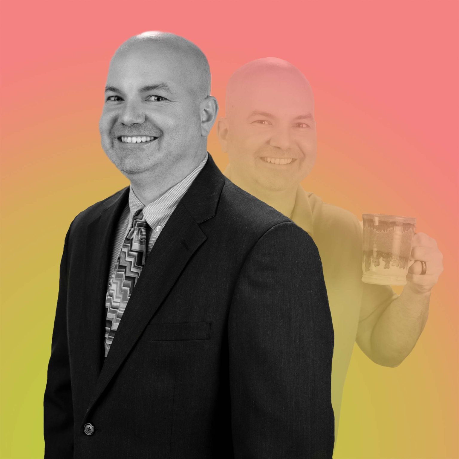 Duo tone image of Larry Neal with a pink to yellow gradient background.