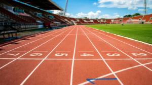 A running track with 8 lanes.