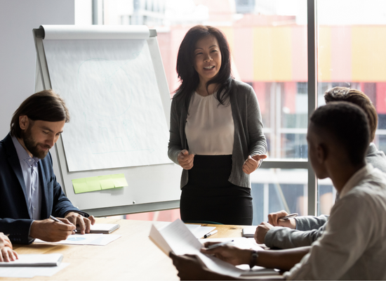 A group of three employees are sitting at a table in an office. A woman is standing in front of a white board at the head of the table and is speaking to the group.