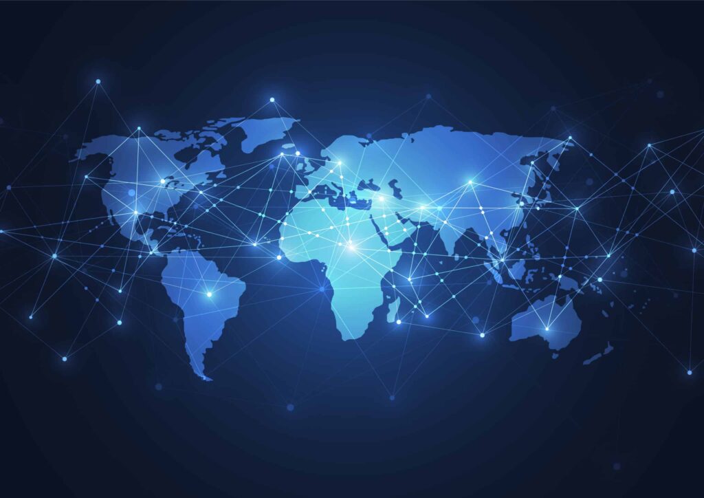 A graphical depiction of the world on a flat blue map with light spots connected with strings between each location.