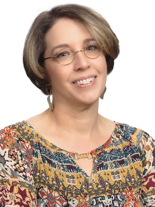 Duo-tone headshot of Amy Dorn with a pink to yellow background.