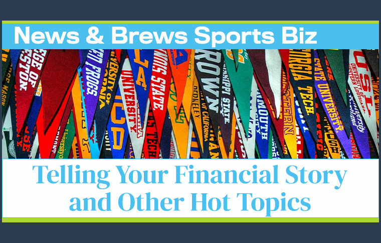 News and Brews advertisement featuring pennants of multiple colleges in the main photo with the text words of 