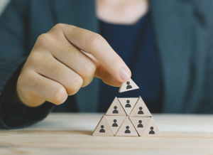 The image shows someone wearing a business suit stacking triangle shaped wood pieces into a pyramid shape. The triangle pieces show a stick figure person on each piece. The business person's face is not shown and the image is focused on their hand and the triangle pieces.