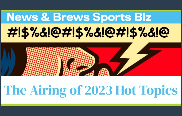 News and Brews sports biz podcast with the featured image having a cartoonistic woman shouting obscenity words.