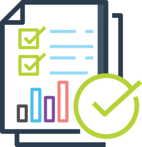 Graphical image of a checklist and graph in blue.