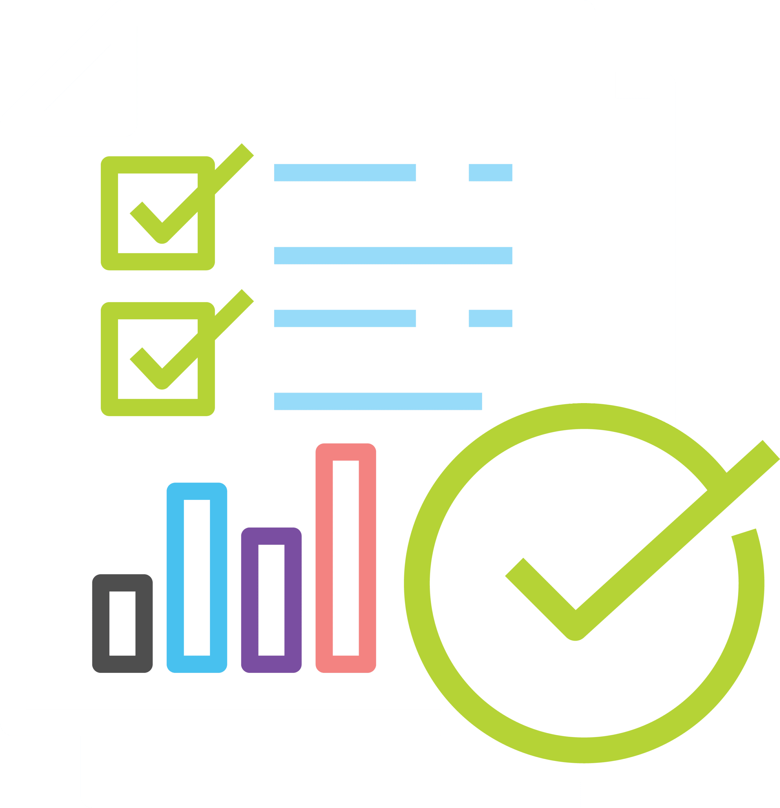 Graphical image of a checklist and graph in white.