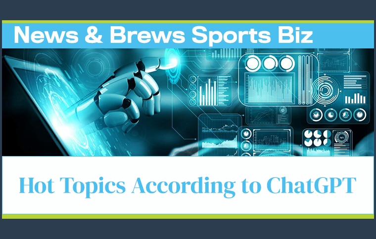 News and Brews Sports Biz podcast advertisement with a robotic ai assistant writing code.