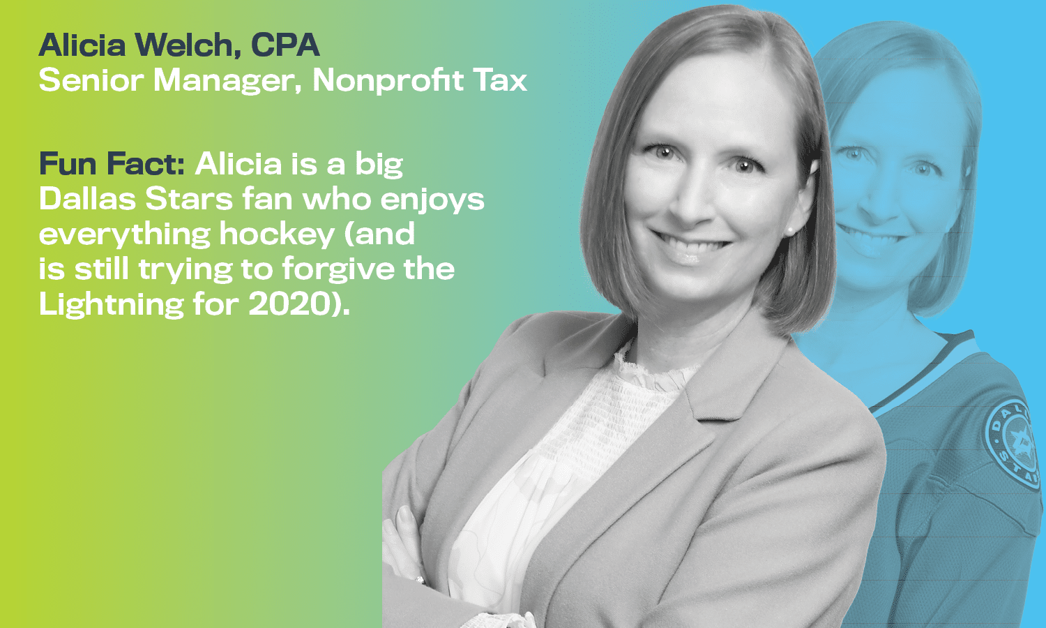 A biographical image block of Alicia Welch, CPA, a senior manager in the nonprofit tax department.