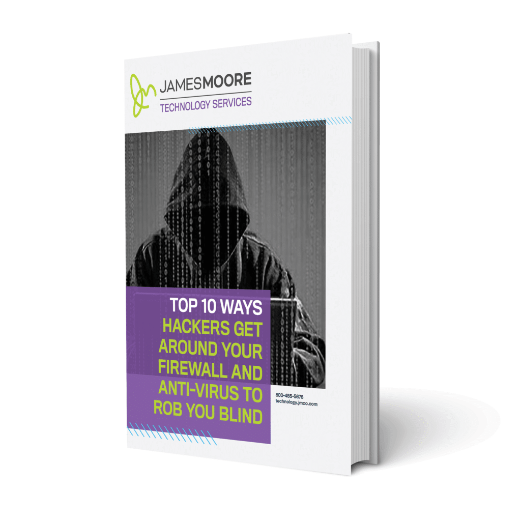 Whitepaper cover with a hacker attempting to crack a password with ASCII code. The title on the cover reads "Top 10 Ways Hackers Get Around Your Firewall and Anti-Virus to Rob You Blind."
