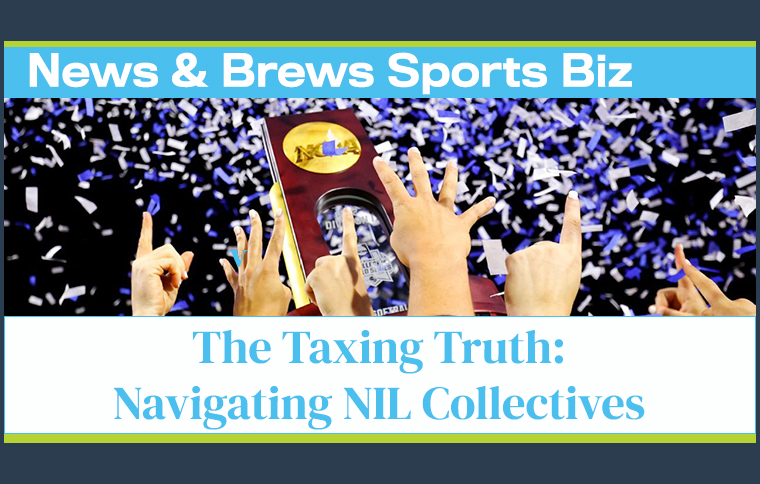 A News and Brews Sports Biz podcast with student-athletes raising a National Championship trophy with blue and white confetti falling down from the sky.