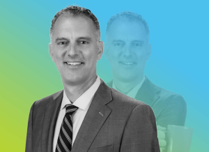 Duo-tone headshot of Ken Kurdziel. Ken is smiling in the front image while holding a coffee cup in the back image.