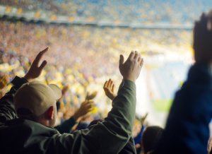 Fans are celebrating in their seats at a large sporting event.