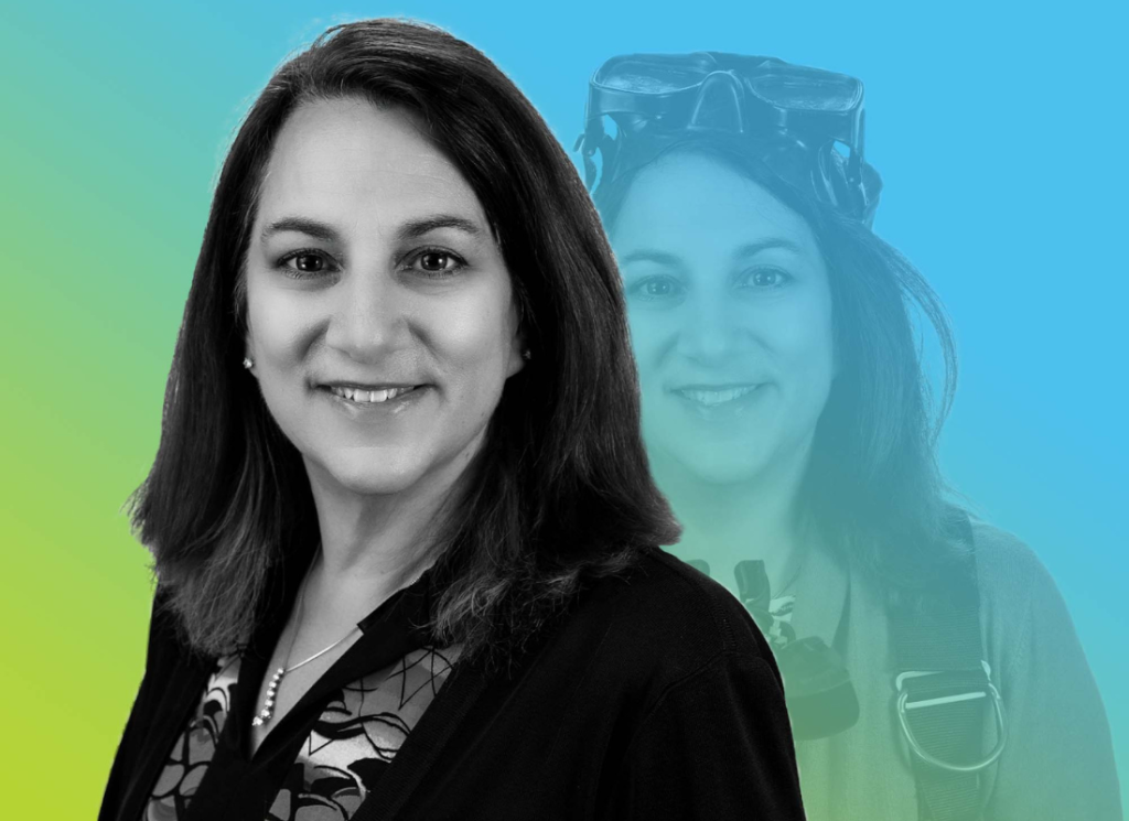 An artistic, duo-tone headshot of managing partner Suzanne Forbes. In one image, Suzanne is smiling in professional dress. In the other image, Suzanne is showing off her passion of scuba-diving.