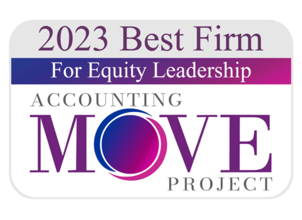 The official logo for Accounting MOVE Project. The logo has pink, blue, and purple imagery and text on the front that says 2023 Best Firm for Equity Leaderhip.