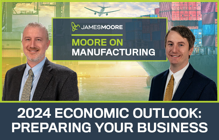 Moore on Manufacturing graphic with Mike Sibley and Kevin Golden smiling in the image. The image has a shipping barge and plane flying by in the background.
