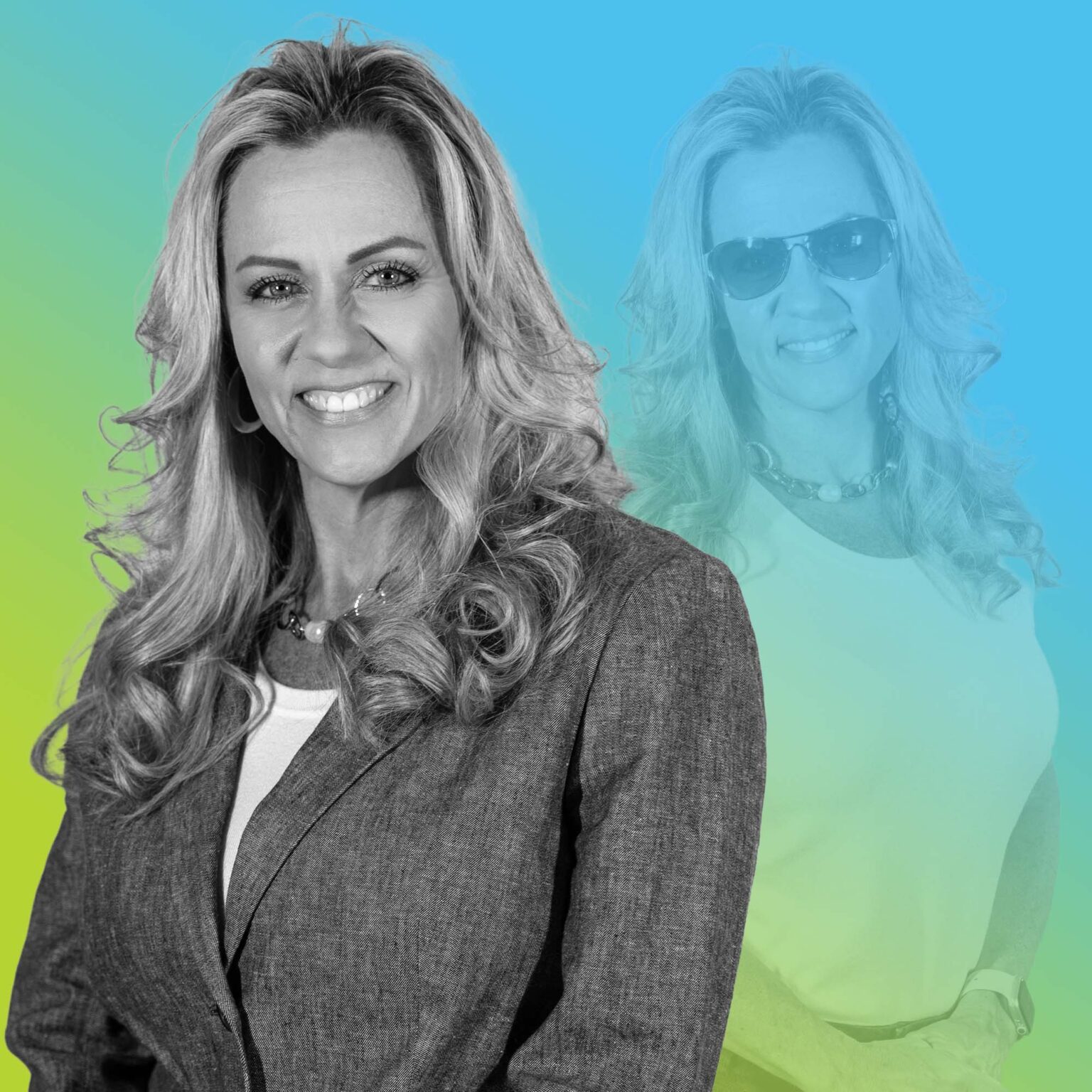 Professional head shot of Jennifer Shafer Pendarvis in blue to green gradient overlay.