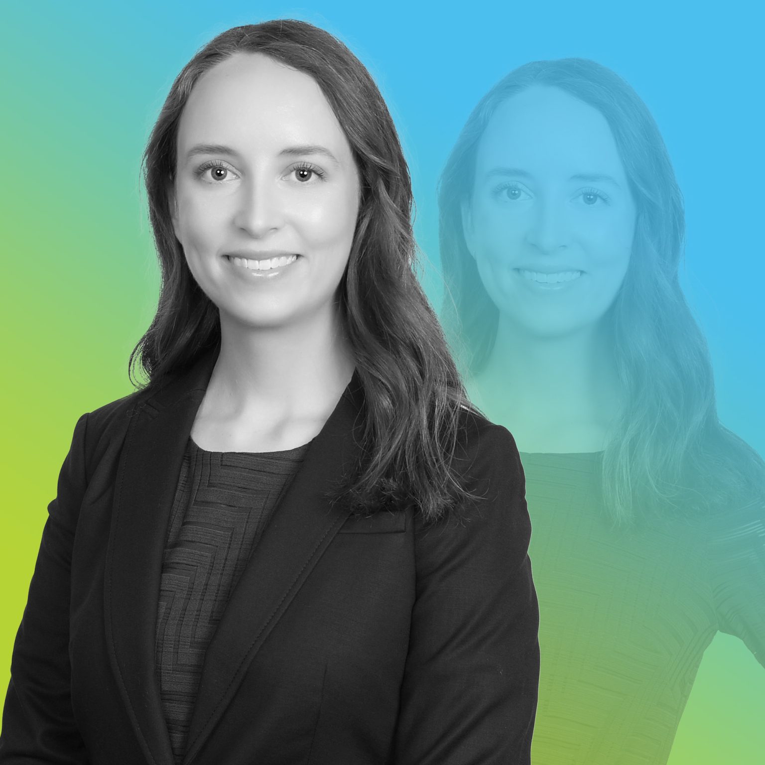 Duo-tone headshot of Taylor Adam with blue to green gradient background.