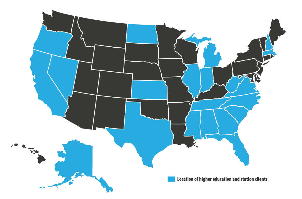A United State map that outlines the states where James Moore's higher education and station clients are located. Image lists Alaska, California, Oregon, Nevada, North Dakota, Kansas, Texas, Illinois, Indiana, Michigan, Tennessee, Mississippi, Alabama, Georgia, Florida, South & North Carolina, West Virginia, Virginia, New Hampshire and Massachusetts.