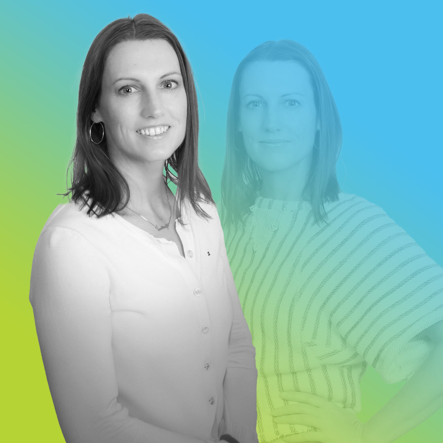Professional headshot of Gemma Wallace with blue to green gradient overlay.