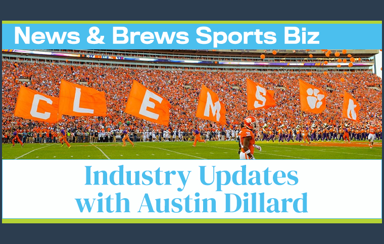 News and Brews landing image for June 2024 episode feature Clemson University. Image is the Clemson flags in orange being ran across a football field.