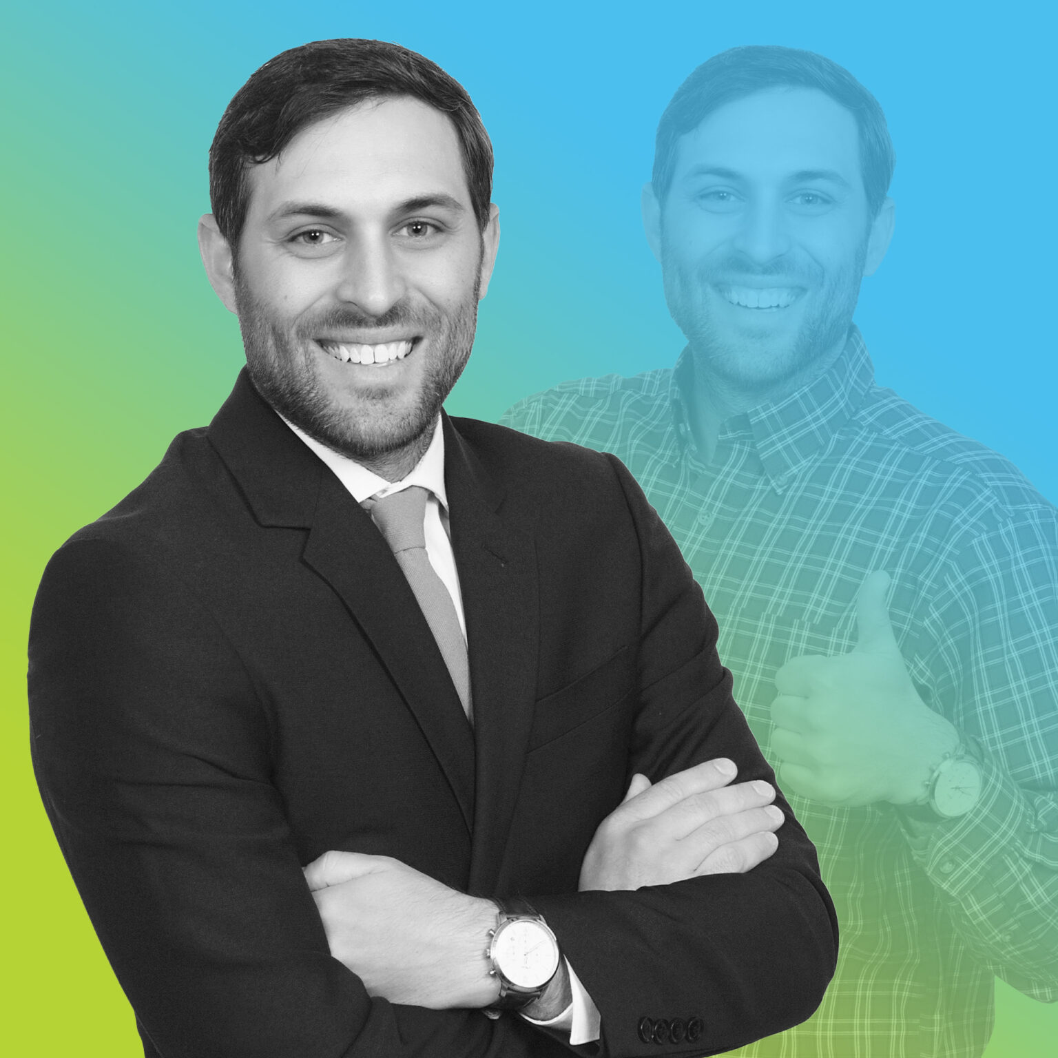 Professional headshot of Andy Bush in blue to green overlay.