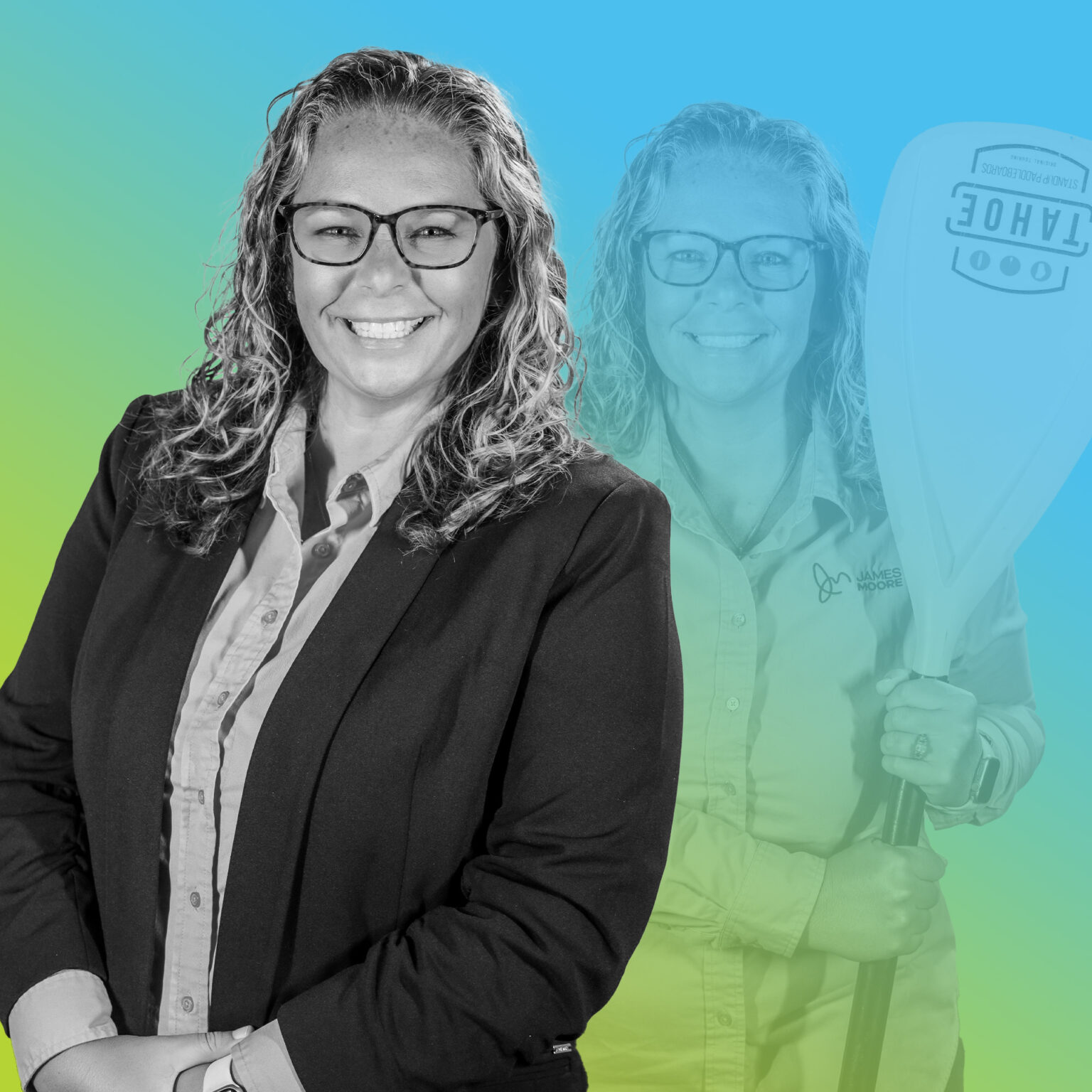 Professional headshot of Kelly Borrowman with blue to green gradient overlay.