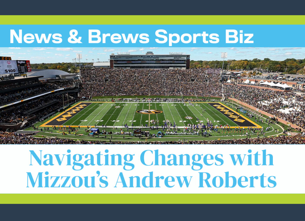 News and Brews Sports Biz November 2024 image placeholder with the University of Missouri Columbia football stadium as the centerpiece.