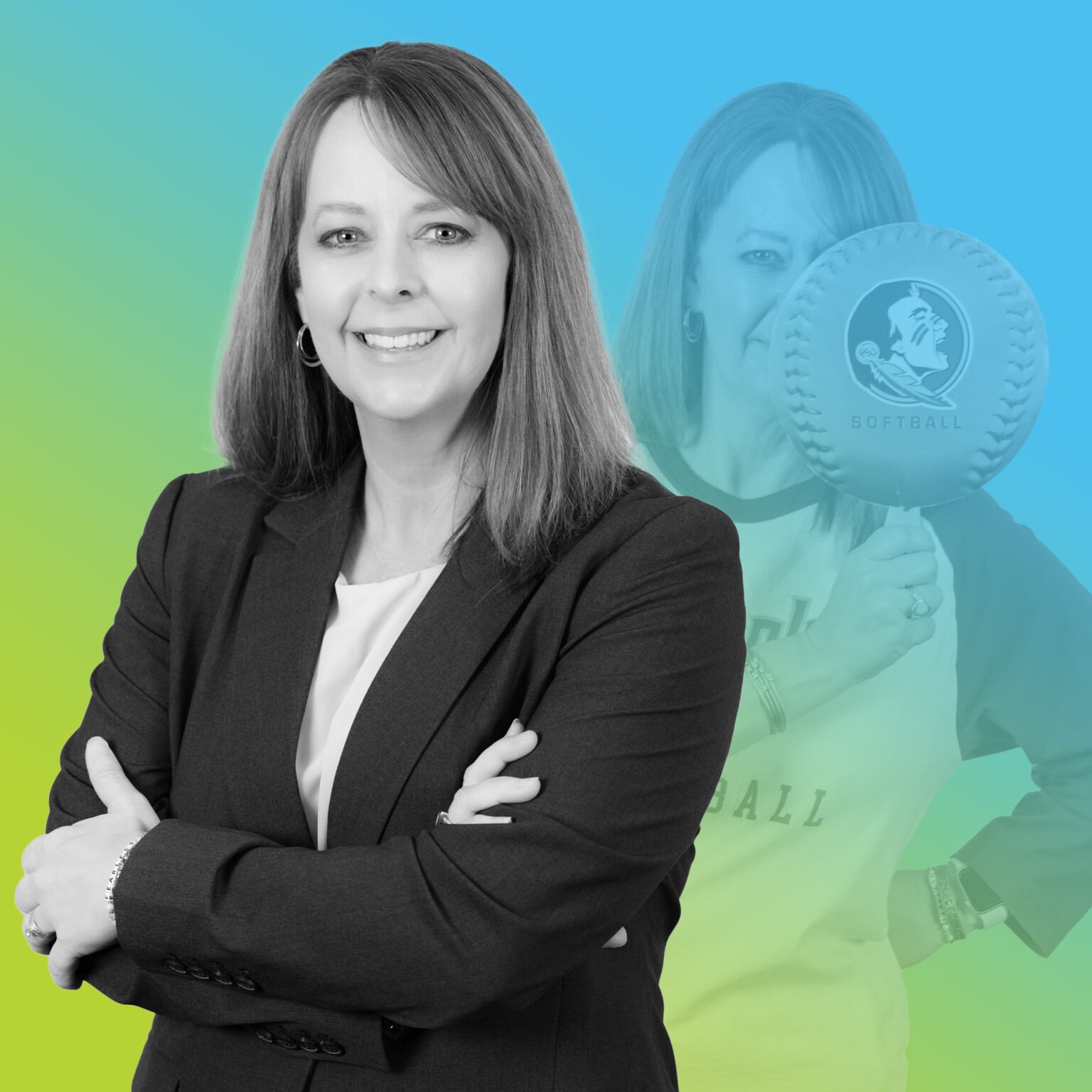 Professional headshot of Becca Gilbert with blue to green gradient overlay.