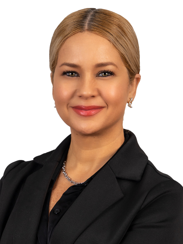 Professional headshot of Maria Lopez in blue to green gradient overlay.