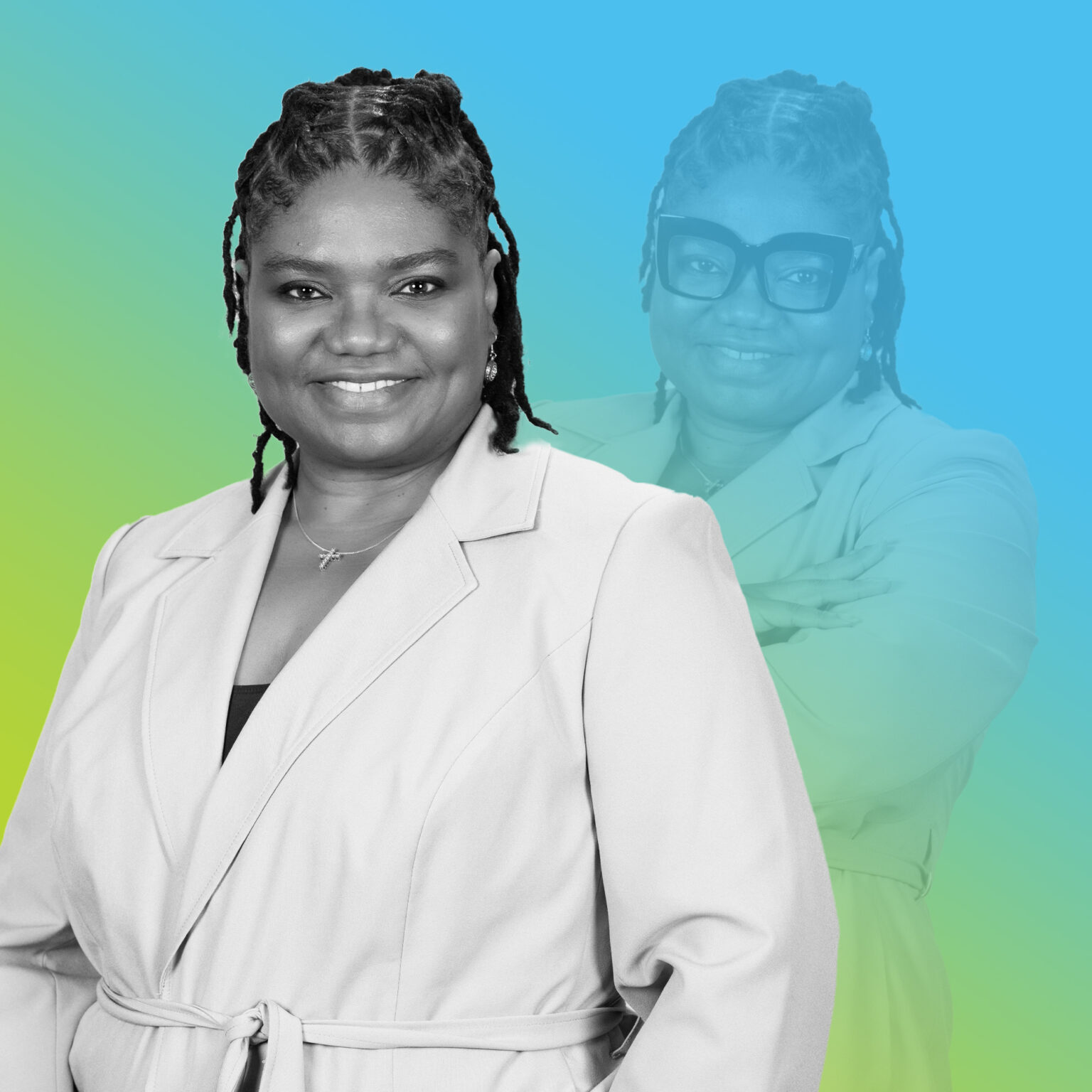 Professional headshot of Lorrie Brinson in blue to green gradient overlay.