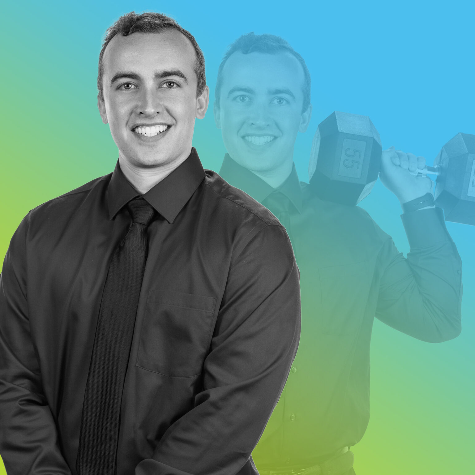 Professional headshot of Ryan Miller in blue to green gradient overlay.