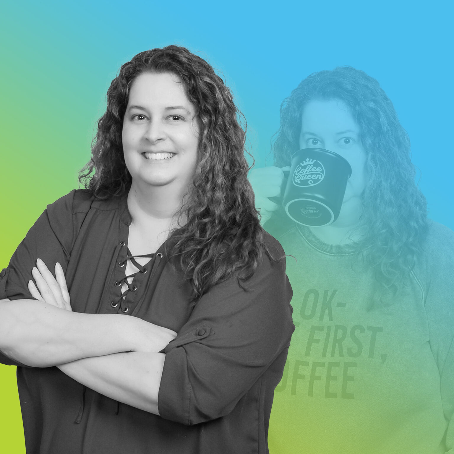 Professional headshot of Stacey Sigal in blue to green gradient overlay.