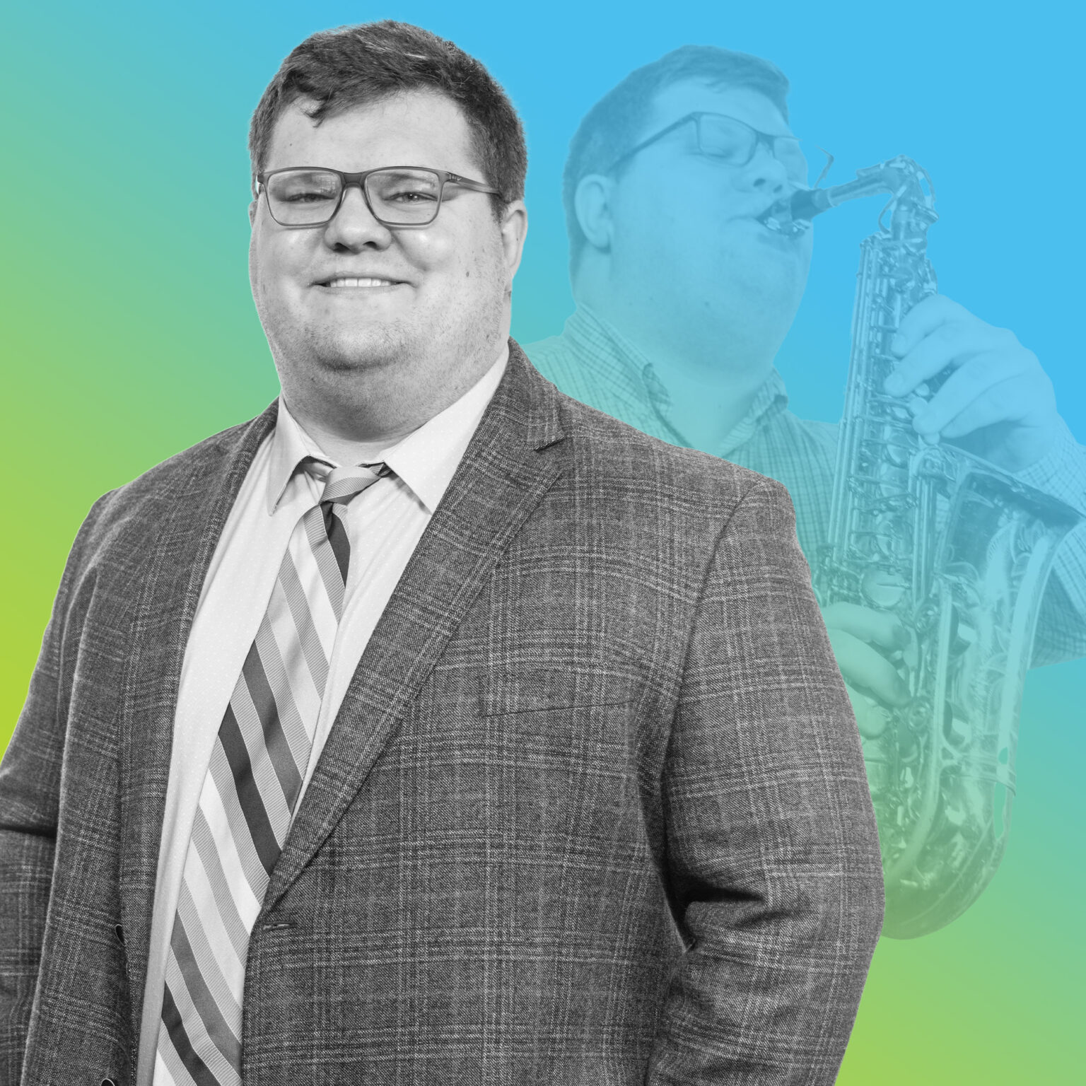 Professional headshot of Travis Swanger in blue to green gradient overlay.